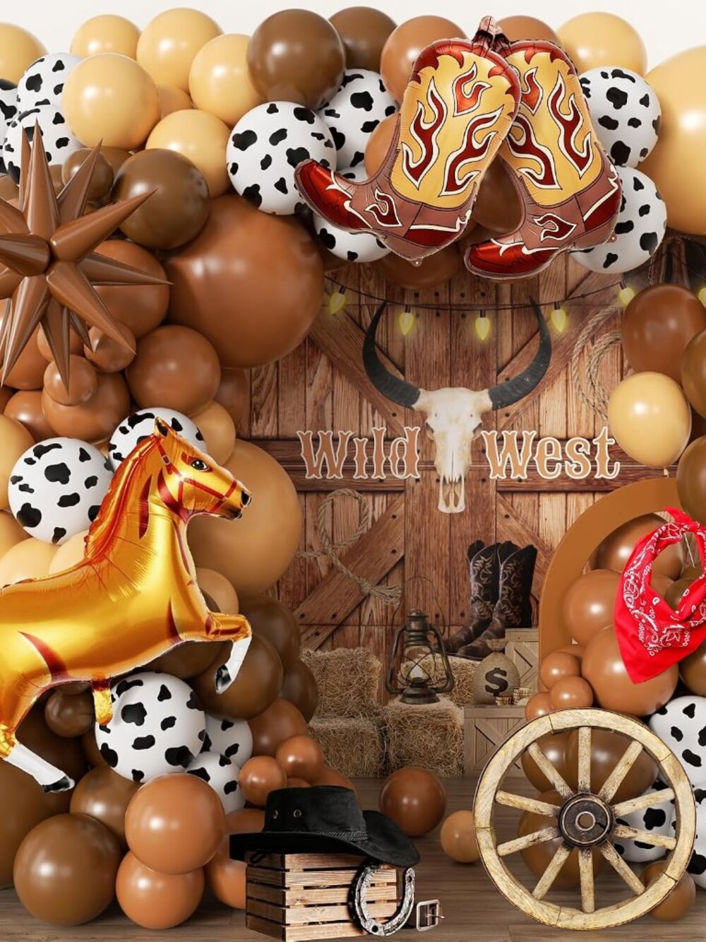 104pcs Western Cowboy Balloon Garland Arch Kit with Foil Horse, Boots & Brown St